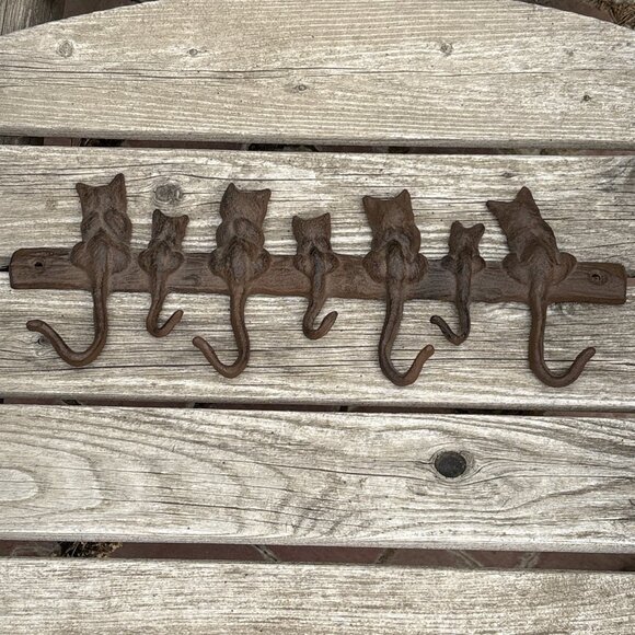 Cast Iron Key Holder Towel Rack Coat Hooks Cats Kitten Farmhouse Animal Decor - Picture 1 of 10
